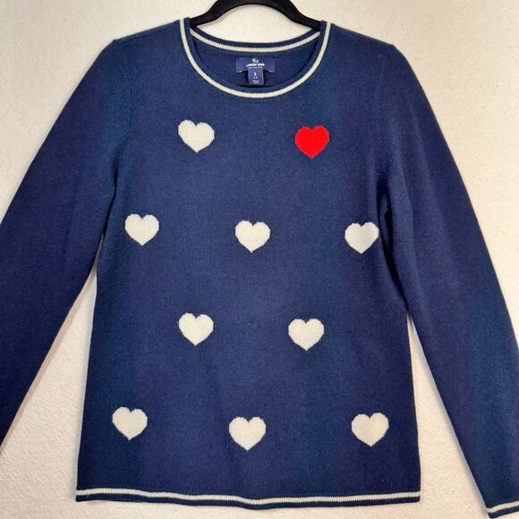 Land's End White Hearts Navy Cashmere Crewneck Super Soft Sweater Size Small 6-8 - Picture 3 of 7